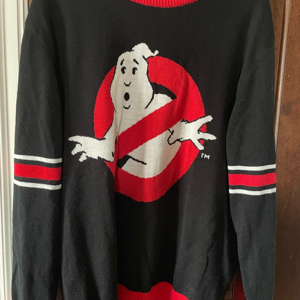 Red and Black Crewneck Sweater with Ghost Emblem